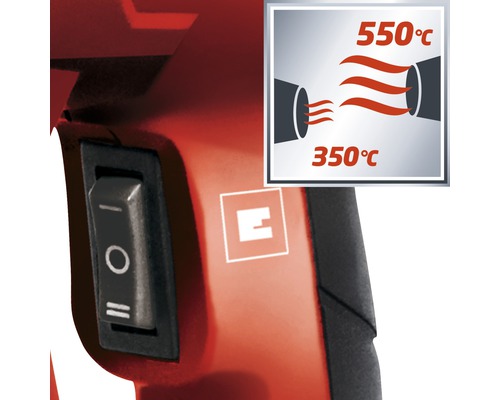 Einhell logotyp, strömbrytare och symbol för 350 grader Celsius och 550 grader Celsius