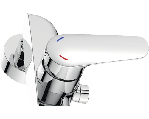 Enspaksblandare med markeringar för kallt och varmt vatten