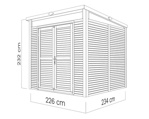 Illustration av ett trädgårdshus med måtten 232 cm hög, 226 cm och 234 cm bred.
