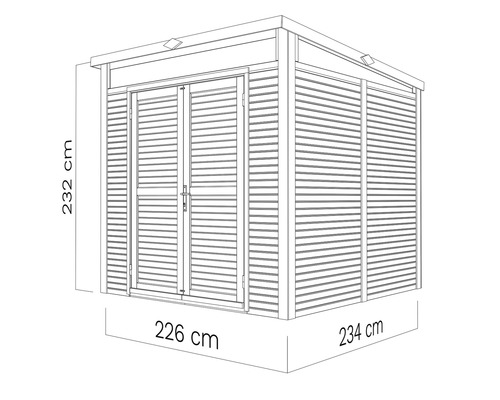 Teknisk ritning av ett trädgårdshus med måtten 232 cm högt, 226 cm brett och 234 cm djupt.