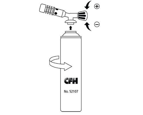 Illustration av en lödlampa med gaspatron och monteringsanvisningar