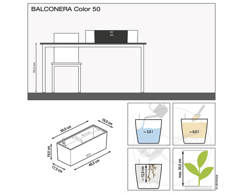 Produktillustration av blomlådan Balconera Color 50 med mått och information om vattenmängd och växthöjd.