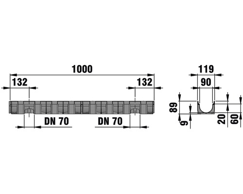 Teknisk ritning av en dräneringsränna med mått