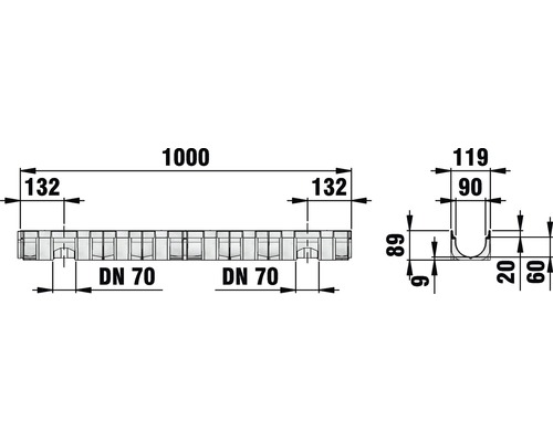 Teknisk ritning av en dräneringsränna med mått