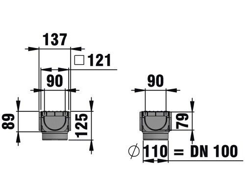Teknisk ritning av ett golvbrunn med dimensioner