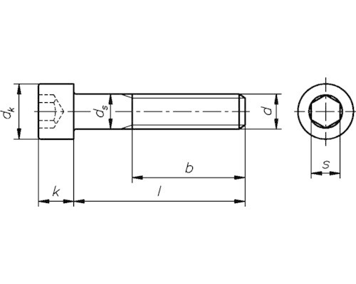 Teknisk ritning av en cylindrisk skruv med insexkant
