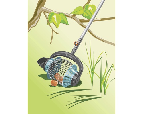 Illustration av en nötplockare med teleskopskaft under ett träd