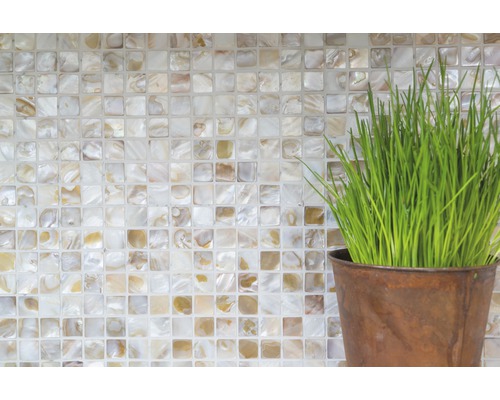 Fyrkantiga mosaikplattor och krukväxt