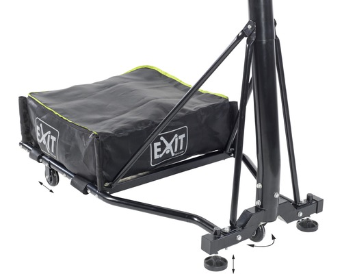 Detaljvy av den transportabla basketbollställningen med ballastlåda och justerbara fötter