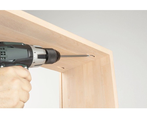 Sladdlös skruvdragare skruvar in en skruv i en trämöbel