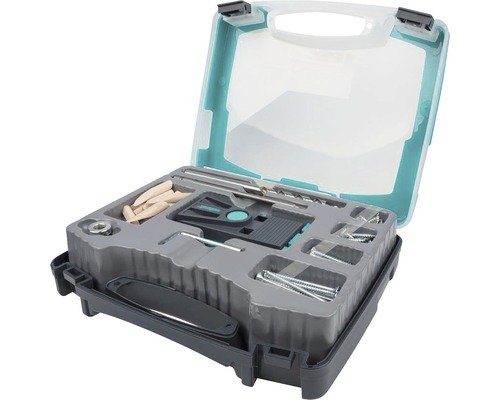 Dowelset i verktygslåda med pluggar, skruvar och tillbehör