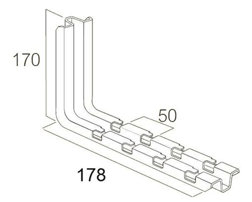 Teknisk ritning av en hörnprofil med måtten 170 mm höjd, 178 mm längd och 50 mm bredd.