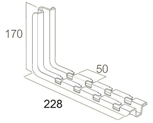 Skiss av en hörnanslutning med måtten 170, 50 och 228 millimeter.