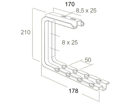 Teknisk ritning av ett väggfäste med dimensioner