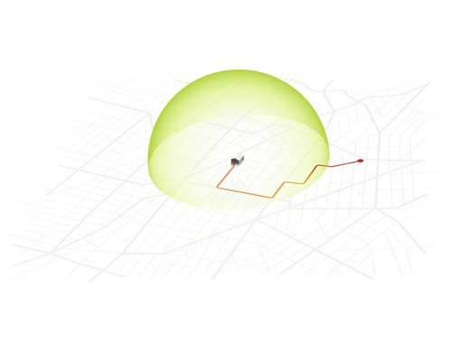 Illustration av en byggnad med säkerhetsområde och rutt på en karta