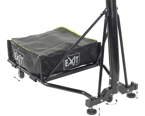 Detaljvy av basketkorgsstativ med mobil bas och justerbara fötter.