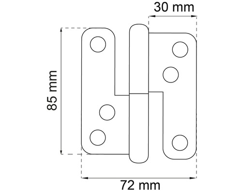 Gångjärn med mått: 85 mm höjd, 72 mm bredd, 30 mm djup