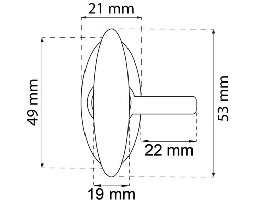 Teknisk ritning av en vridknapp med måtten 49 millimeter, 53 millimeter, 21 millimeter, 19 millimeter och 22 millimeter.