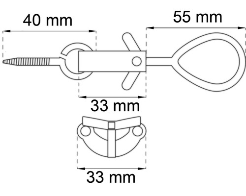 Teknisk ritning av en 40 mm lång och 33 mm bred apparat