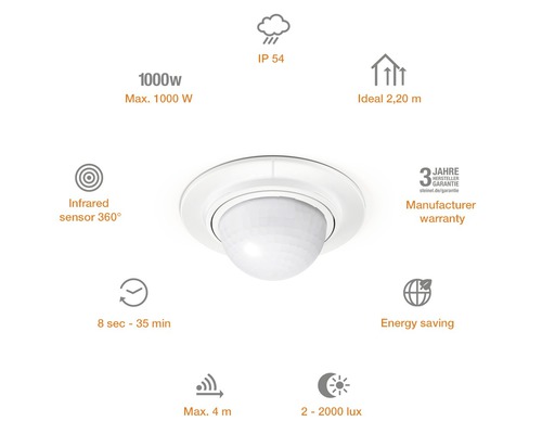 Inomhus rörelsedetektor med 360 graders infraröd sensor och tekniska data: IP 54, maximalt 1000 watt, idealiskt 2,20 meter, 8 sekunder till 35 minuter, maximal räckvidd 4 meter, 2 till 2000 lux och 3 års tillverkargaranti.