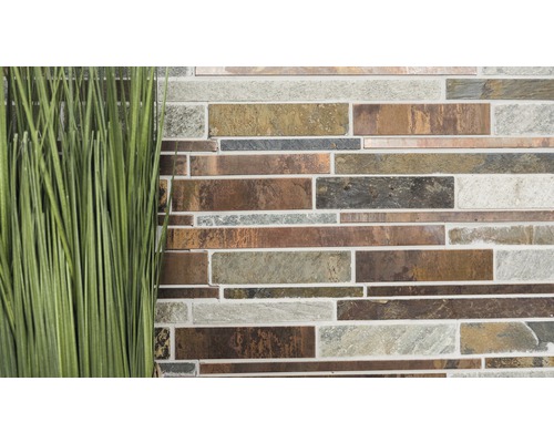 Mosaikplattvägg med växt i förgrunden