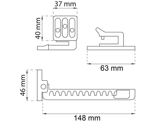 Teknisk ritning av ett fönsterhandtag med måttangivelser.