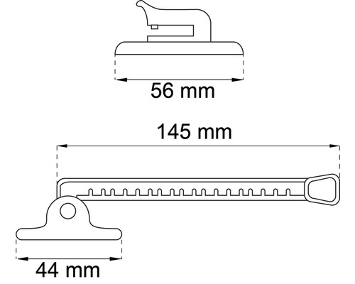 Teknisk ritning av ett fönsterhandtag med mått.