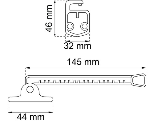 Teknisk ritning av en beslag med måttangivelser