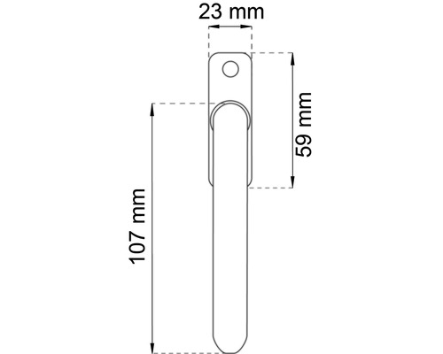 Mått på ett fönsterhandtag: 107 mm högt och 23 mm brett