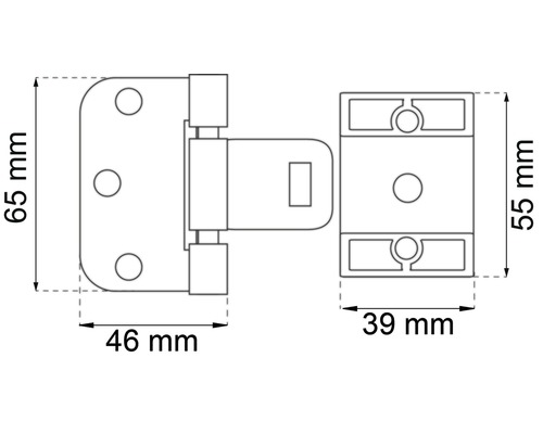 Teknisk ritning av ett dörrband med måtten 65 mm höjd och 46 mm bredd