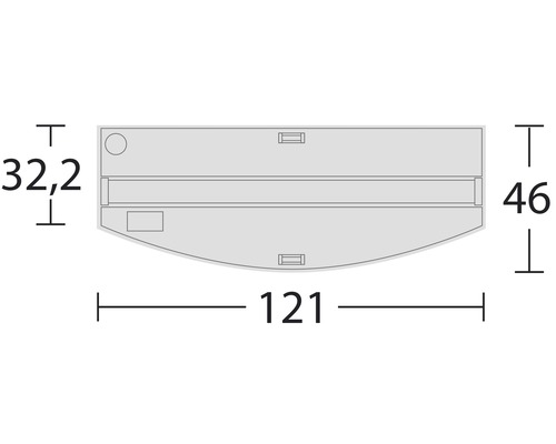 Teknisk ritning med måtten på ett lock: 121 cm brett, 46 cm högt och 32,2 cm djupt.