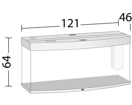 Akvarium med mått: 121 cm längd, 46 cm bredd, 64 cm höjd