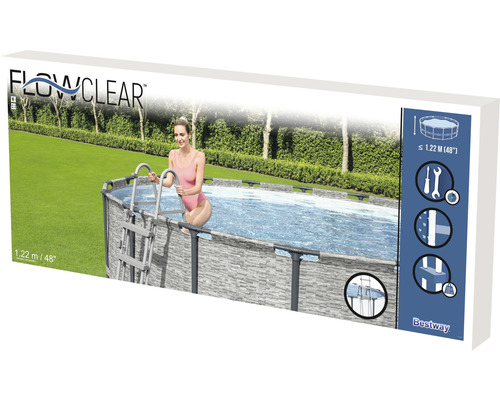 Förpackning för en Bestway Flowclear ovanmarkspool med stege och stenmurmönster, höjd 1,22 meter
