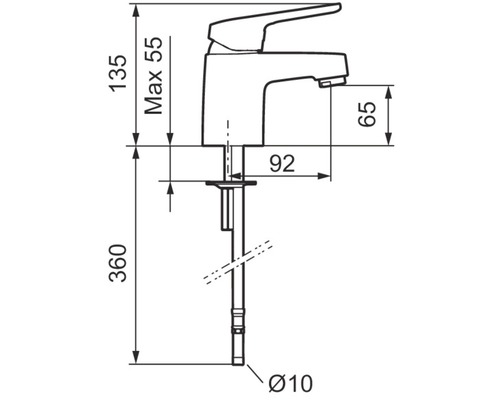 Teknisk ritning av en armatur med måttangivelser