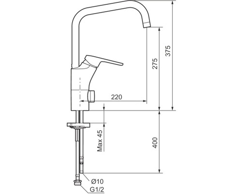 Teknisk ritning av en armatur med måttangivelser