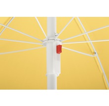 Detaljvy av ett parasoll med gult tyg och vit ram