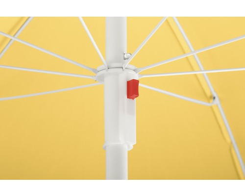 Detaljvy av ett parasoll med gult tyg och vit ram