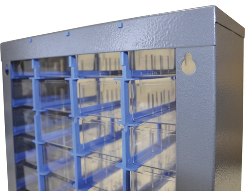 Metallåda med transparenta lådor för förvaring av smådelar