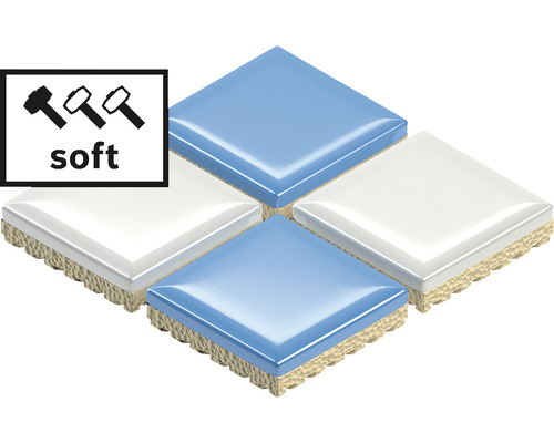 Symbol för mjuka plattor bredvid ett arrangemang av ljusblå och vita plattor