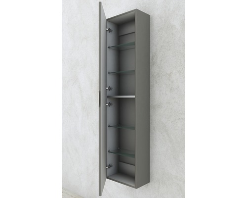 Öppet badrumsskåp med glashyllor för väggmontering