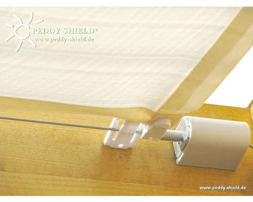 Detaljvy av en insynsskyddsrullgardin med fästtillbehör