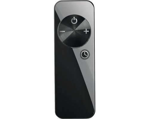 Svart fjärrkontroll med runda knappar för på och av, volym och timerfunktion