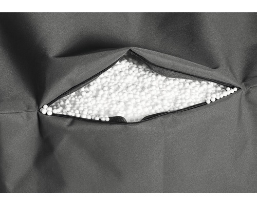 Detaljvy av en sittsäck med dragkedja och fyllning