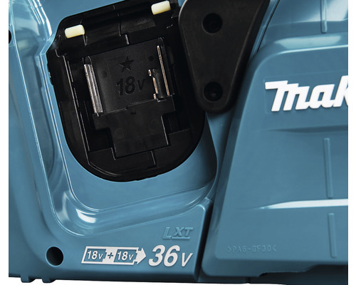 Makita logotyp på en batteridriven motorsåg med 36 volts batterifack