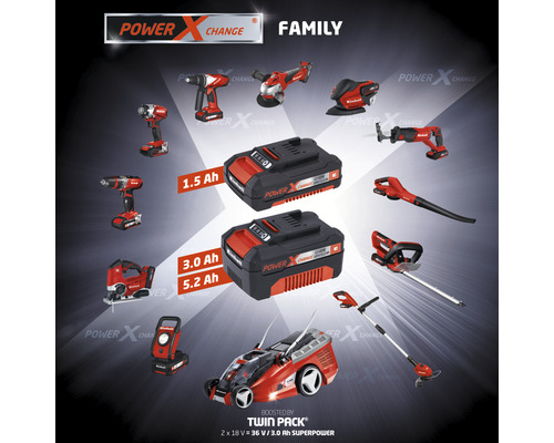 Einhell Power X-Change batterifamilj med olika verktyg och trädgårdsredskap.