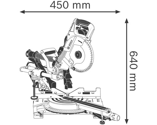 Illustration av en kap- och geringssåg med måtten 450 mm bredd och 640 mm höjd.