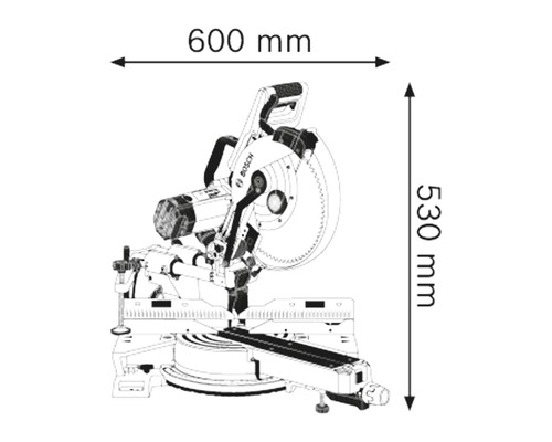 Skiss av en geringssåg med måtten 600 mm bred och 530 mm hög.