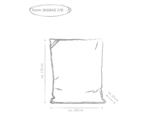Skiss Bigbag 170 med måtten cirka 170 cm höjd, cirka 130 cm bredd och cirka 20 cm djup