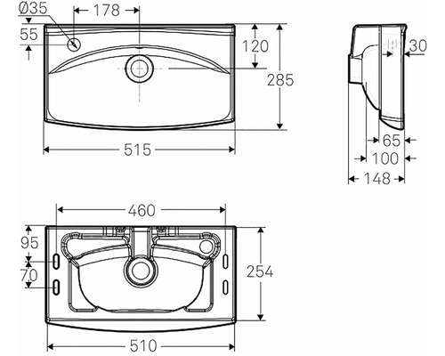 Teknisk ritning av ett tvättställ med måttangivelser