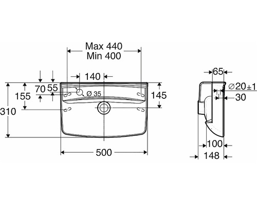 Teknisk ritning av ett handfat med mått